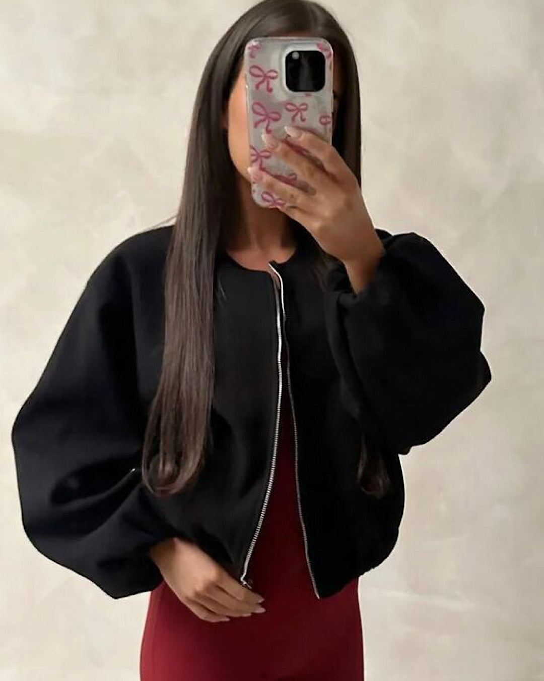 Black Balloon Sleeve Ruched Bomber Jacket