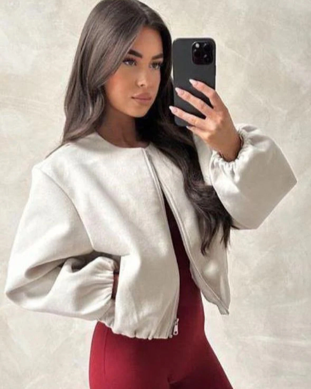 Beige Balloon Sleeve Ruched Bomber Jacket