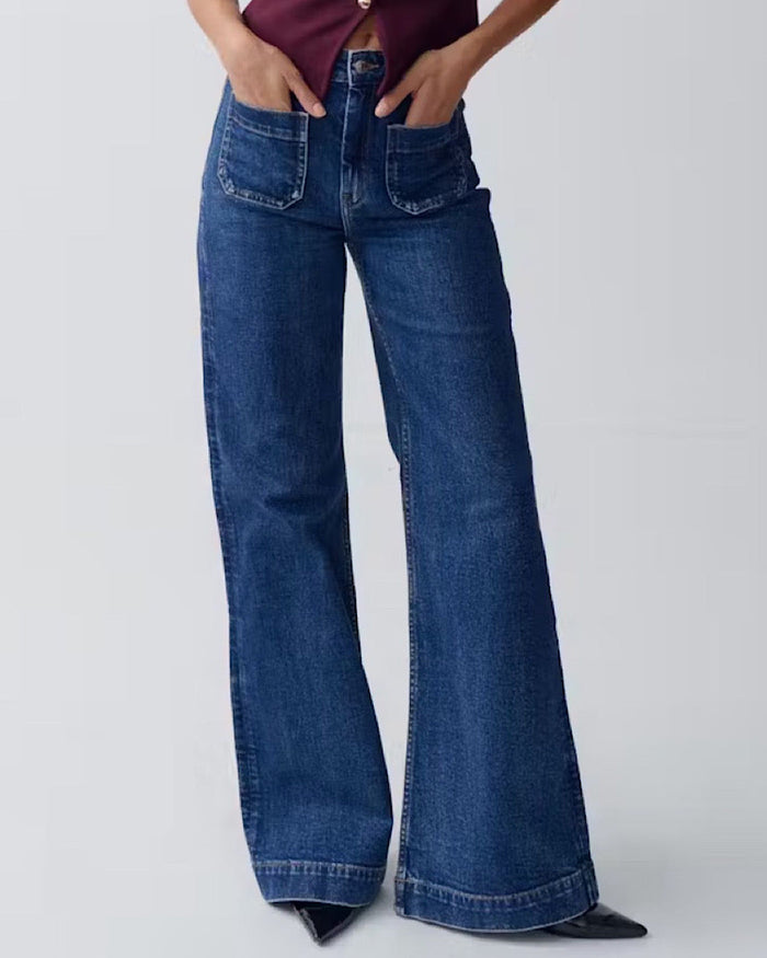 Elastyczne, szerokie nogawki, ciemnoniebieskie jeansy