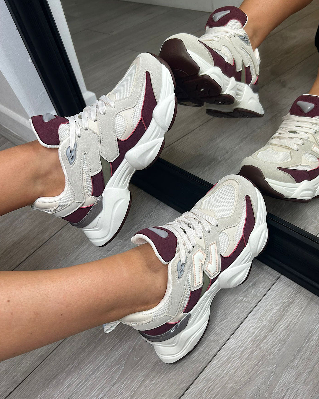 Burgundy Beige Chunky Lace Up Trainers