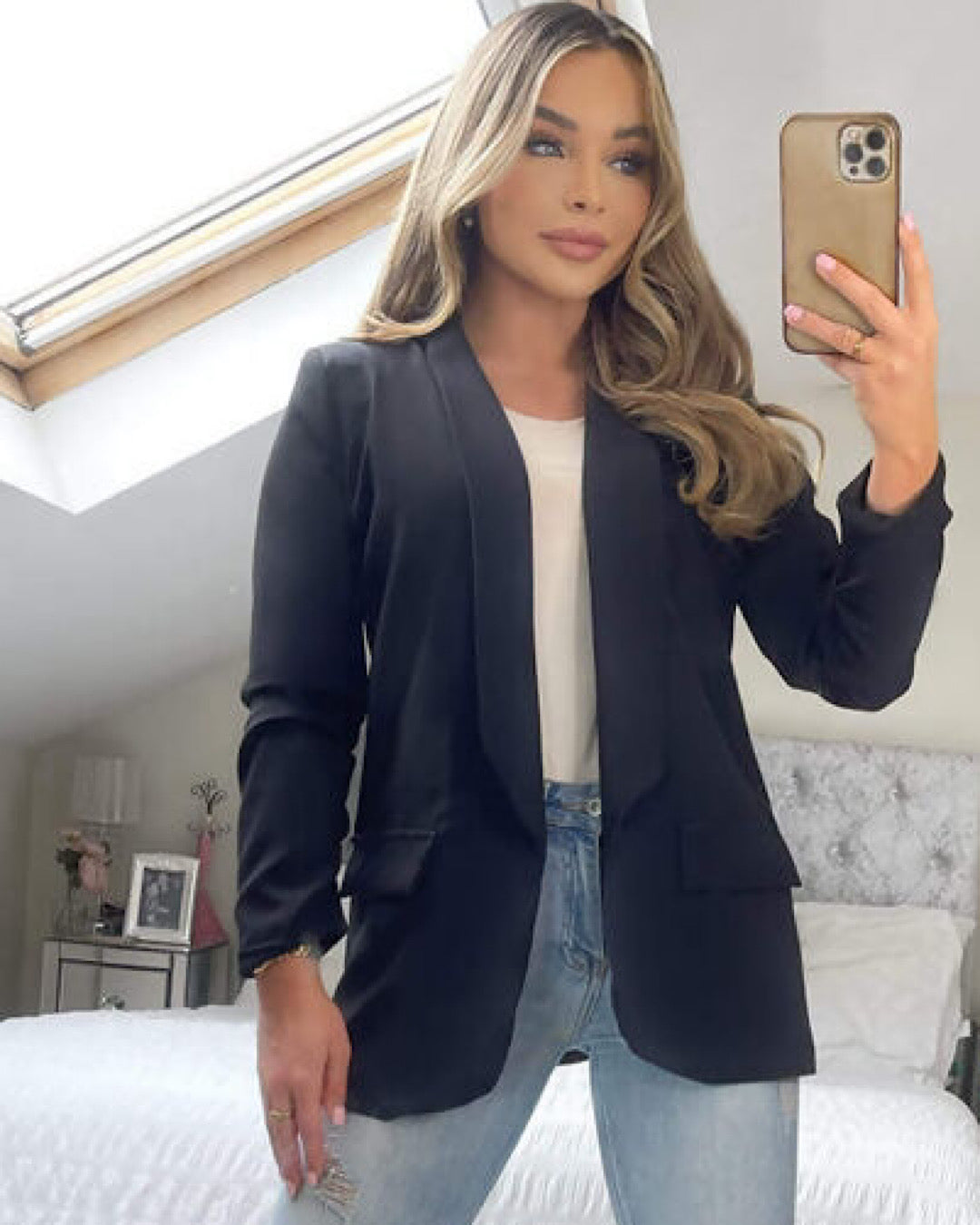 Black Ruched Sleeve Blazer