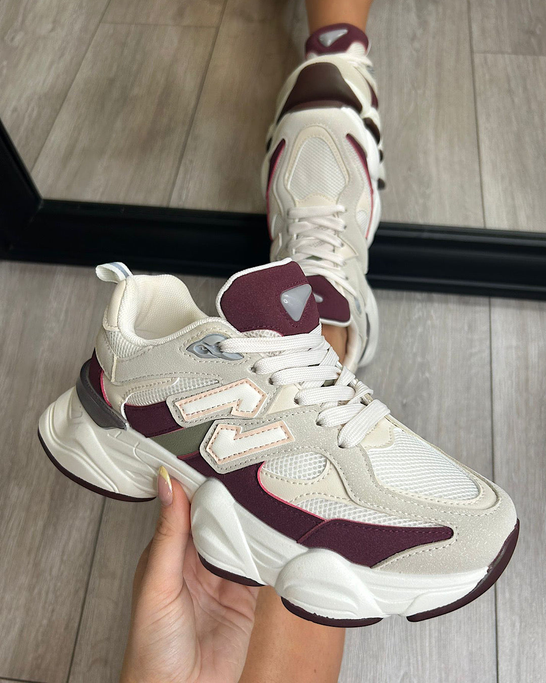 Burgundy Beige Chunky Lace Up Trainers