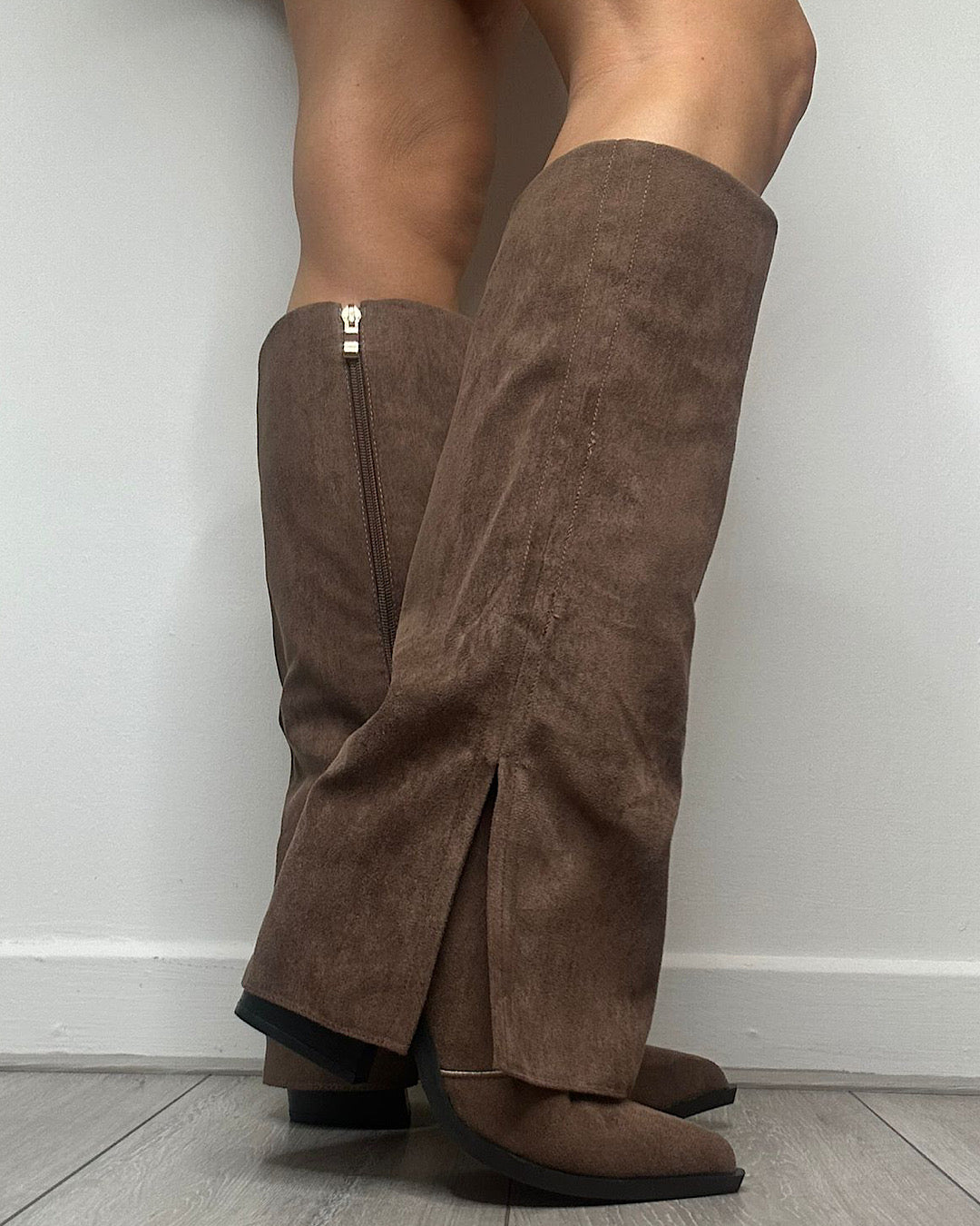 Brown Faux Suede Knee Boots