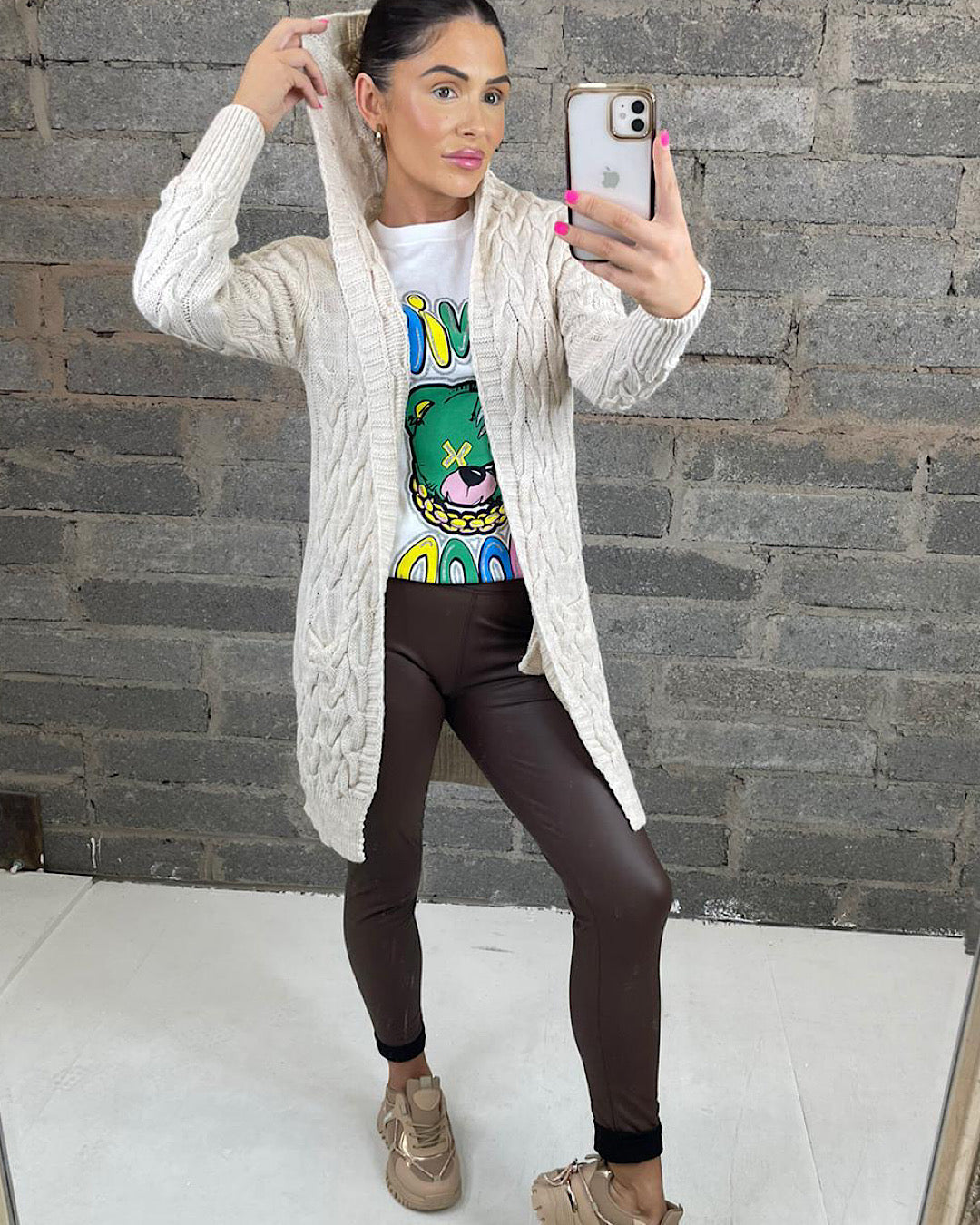 Beige Cable Knit Hood Cardigan