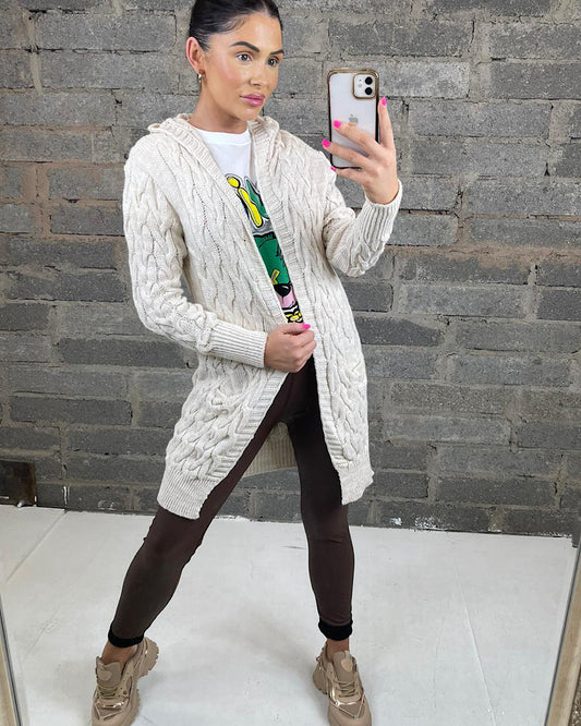 Beige Cable Knit Hood Cardigan