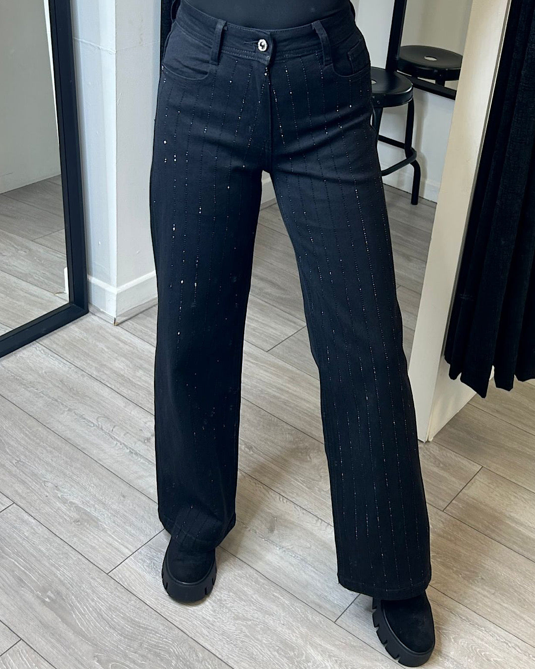 Straight Leg Black Diamond Embellished Jeans