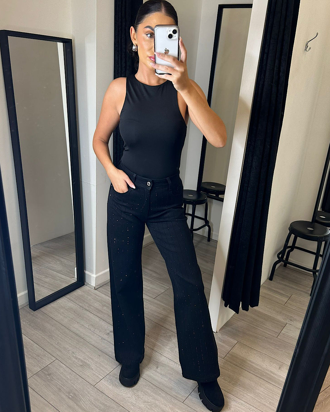 Straight Leg Black Diamond Embellished Jeans