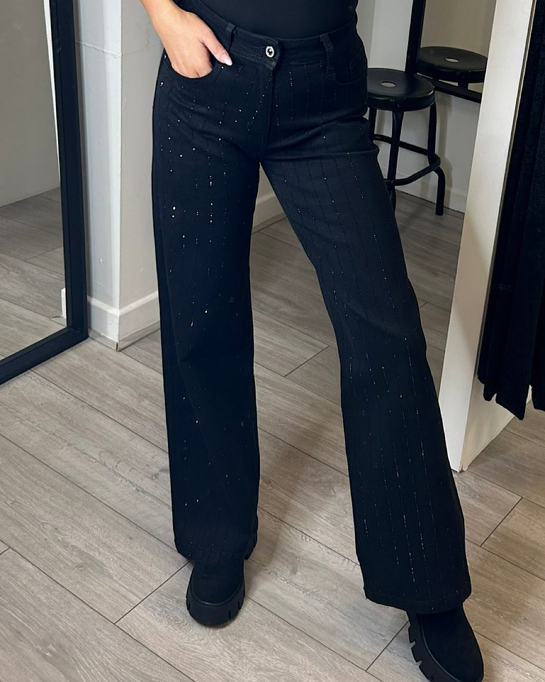 Straight Leg Black Diamond Embellished Jeans