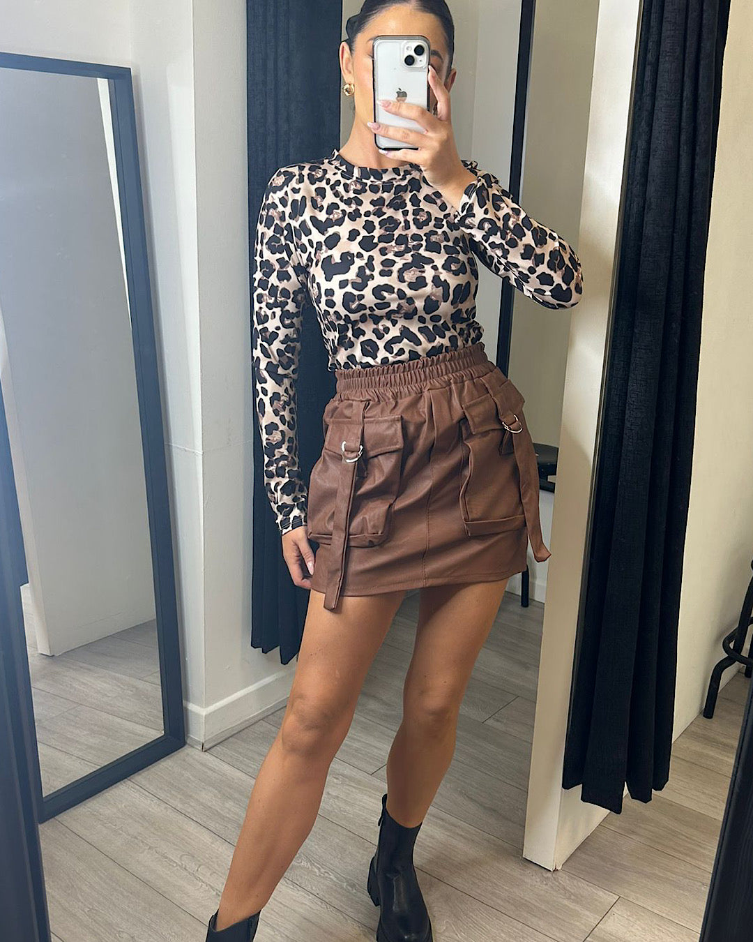 Tan Cargo Pocket Leather Skirt