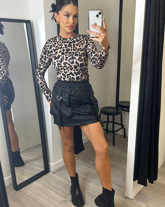 Black Cargo Pocket Leather Skirt