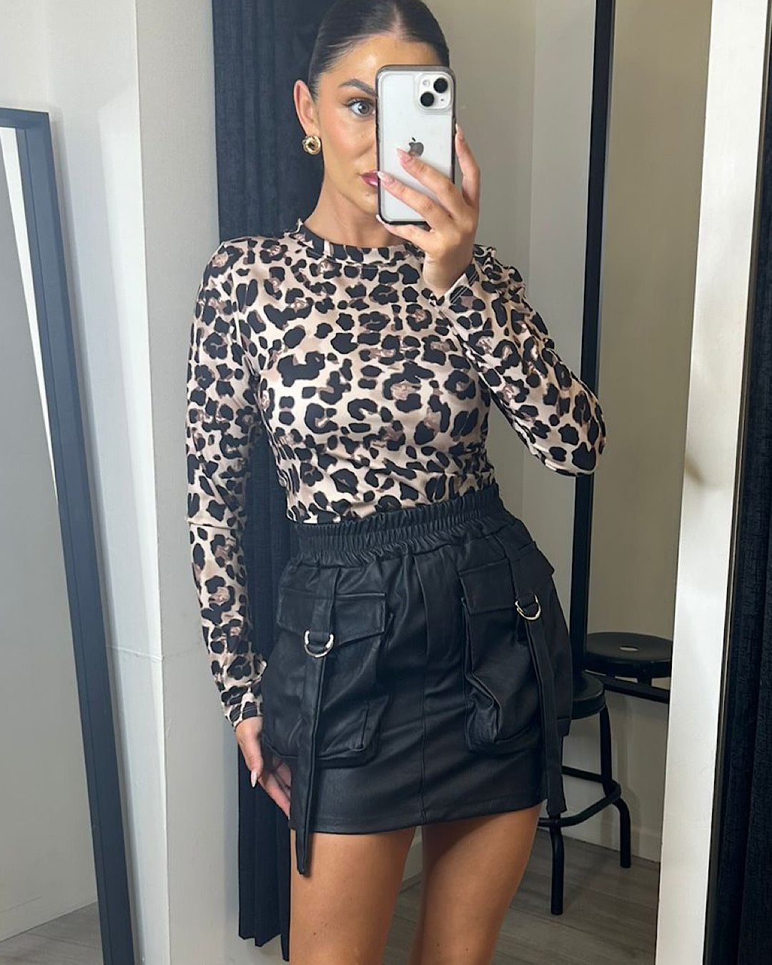 Black Cargo Pocket Leather Skirt