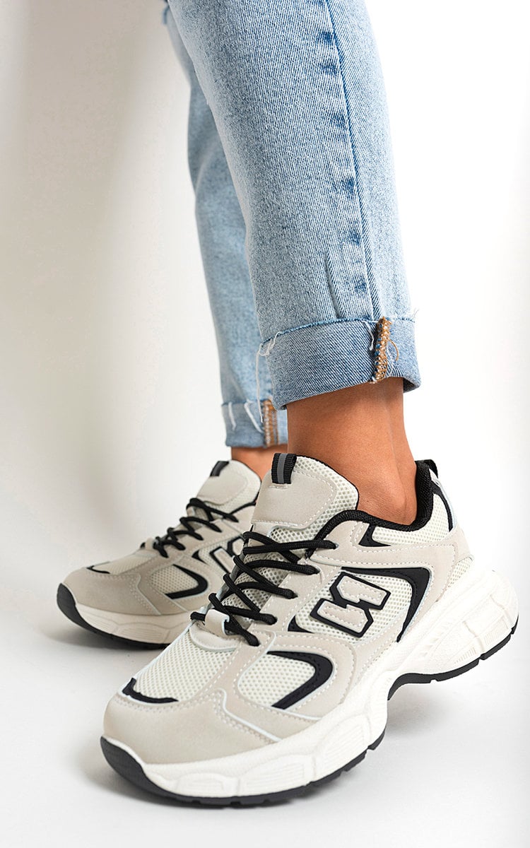 Grey Beige Chunky Lace Up Trainers