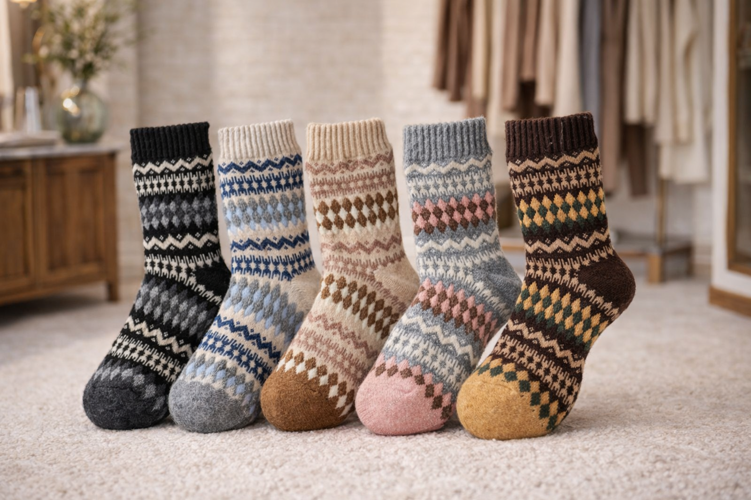 Skarpetki Wełniane "Nordic Heritage" – Wzór Żakardowy (Vintage)